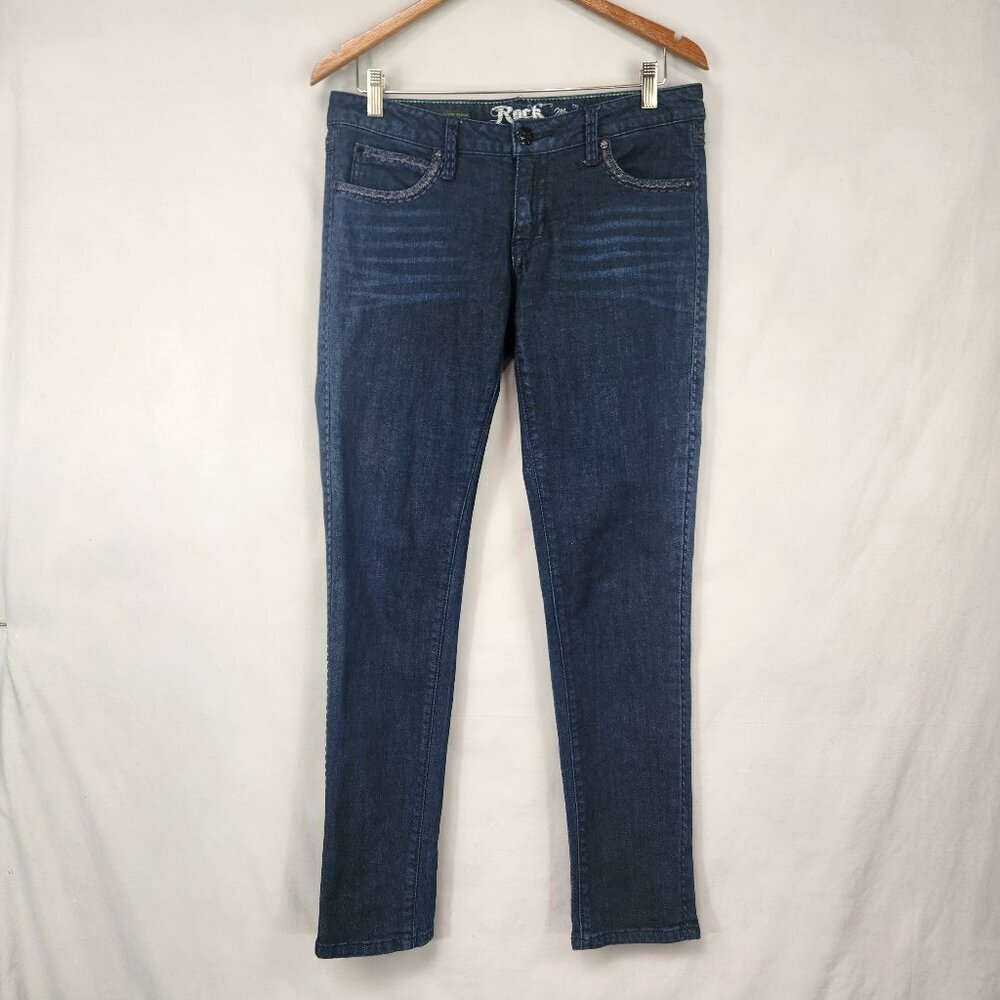 Rock 47 By Wraingler Ultra Low Rise Skinny Jeans Womens 5 Dark Wash Embroidered